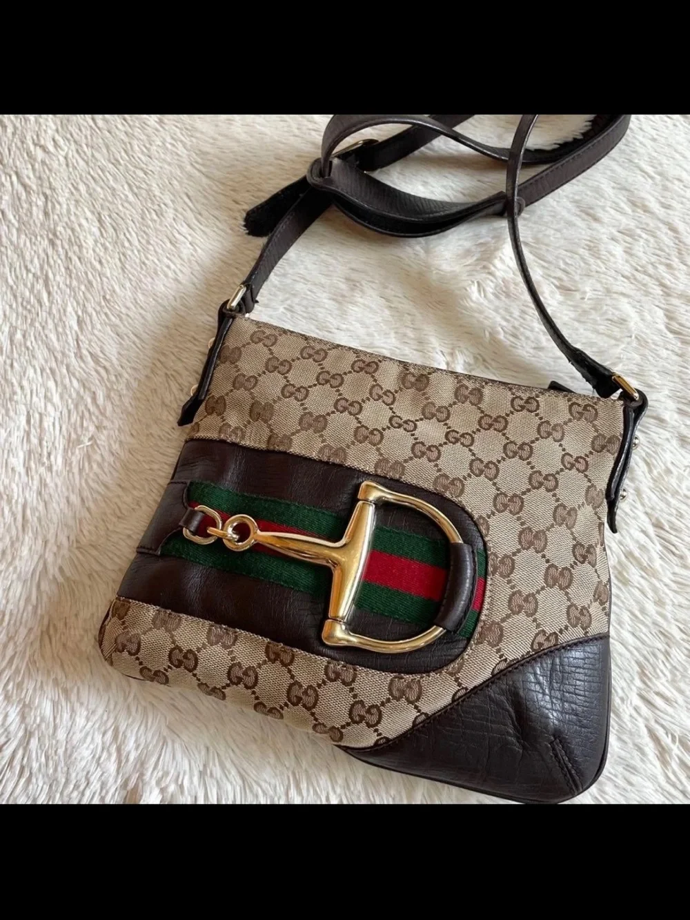 Gucci Brown GG Canvas Crossbody Bag with Red-Green Web and Gold Tone Hardware
